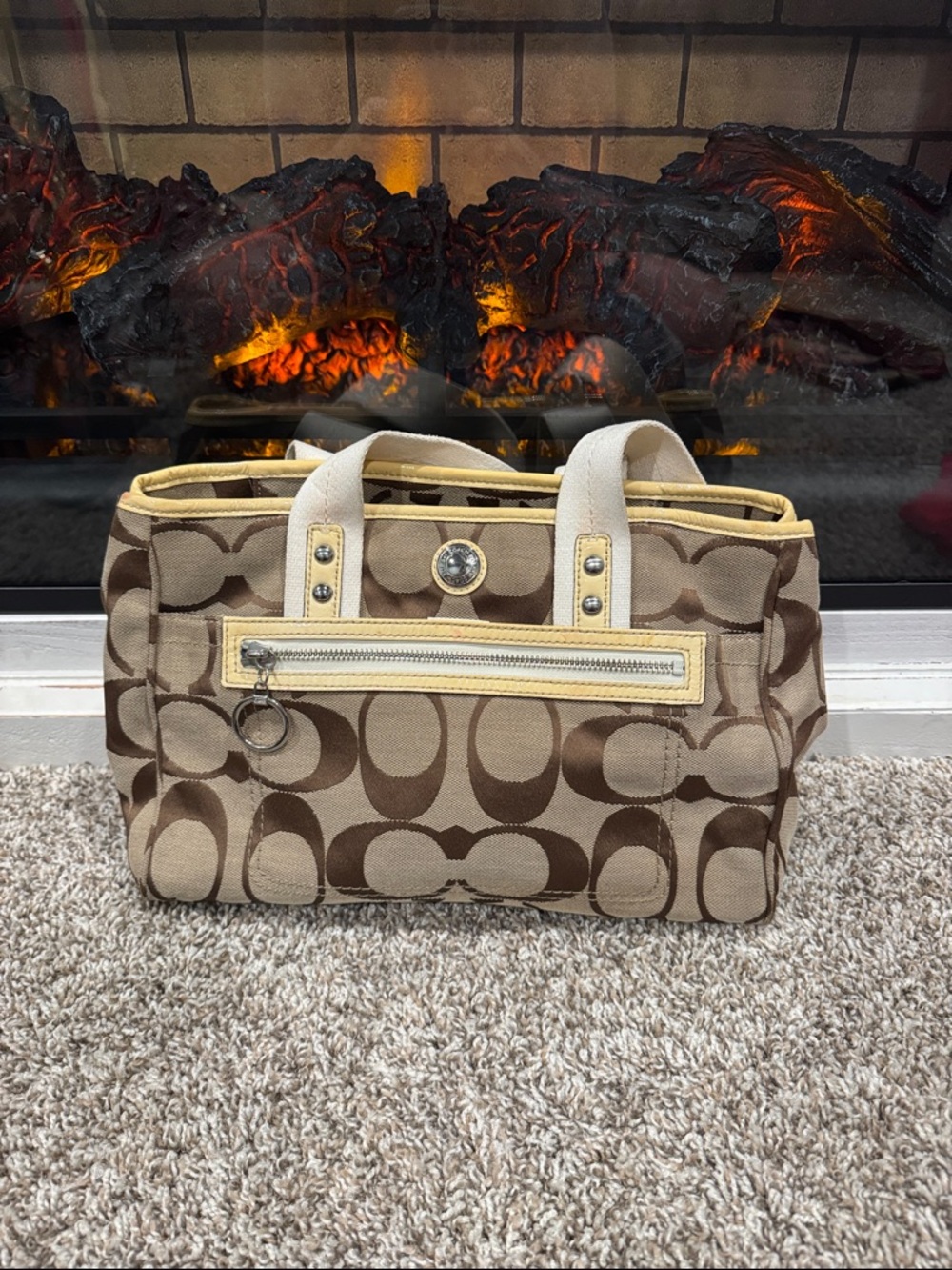 Vintage Coach Beige and Brown Signature Canvas Tote